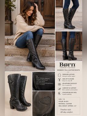 Born Women's Leather Knee-High Boots in Black Side 7